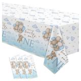 YJRJSC Bear 1st Birthday Decorations Tablecloth for Boy, 3 Pack Disposable Blue Teddy Bear Theme We Can Bearly Wait One Party Supplies Tablecover, 55in x 86in