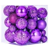 46 Pcs Purple Christmas Ball Ornaments, Shatterproof Christmas Tree Ornaments Set with Velvet Christmas Bows Decor, Vintage Xmas Decorations with Hanging Hooks in 3 Sizes(Small Medium Large)