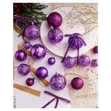 46 Pcs Purple Christmas Ball Ornaments, Shatterproof Christmas Tree Ornaments Set with Velvet Christmas Bows Decor, Vintage Xmas Decorations with Hanging Hooks in 3 Sizes(Small Medium Large)
