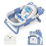 MoreFeel Collapsible Baby Bathtub for Newborn with Thermometer & 1 Hooded Towel & 1 Soft Floating Cushion,Portable Travel Bathtub with Drain Hole, Durable Foldable Baby Tubs for Infants to Toddler