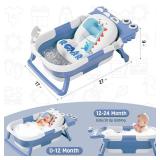 MoreFeel Collapsible Baby Bathtub for Newborn with Thermometer & 1 Hooded Towel & 1 Soft Floating Cushion,Portable Travel Bathtub with Drain Hole, Durable Foldable Baby Tubs for Infants to Toddler