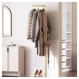 YATINEY L Shaped Glod Coat Rack, Metal Coat Tree, Modern Clothes Rack with 3 Hooks and Thickened Base, Floor Standing Coat Hanger Stand, for Entryway, Living Room, Cloakroom, Gold and White YM01DWY1