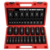 DISEN 19 Pcs 1/2 SAE Impact Socket Set, Deep Sockets 3/8- 1-1/2, 6-Point Cr-V & Alloy Steel, 1/2 Inches Drive Impact Socket Set,Rugged Construction, Enhanced Storage Case
