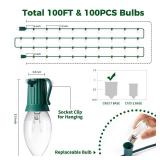 C9 Clear Christmas String Lights, 100 Feet Waterproof Vintage Christmas Tree Lights, Outdoor Roofline String Lights with 100 Clear Bulbs for Patio Garden Holiday Indoor Home Decoration, Green Wire