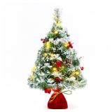 Sunnyglade 21.6 inch Snow Flocked Christmas Tree Artificial Mini Christmas Pine Tree Indoor Tabletop Ornaments Decorations with 30 LED Lights,Red Cloth Base and Pine Cones,White
