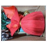 Sunnyglade 21.6 inch Snow Flocked Christmas Tree Artificial Mini Christmas Pine Tree Indoor Tabletop Ornaments Decorations with 30 LED Lights,Red Cloth Base and Pine Cones,White