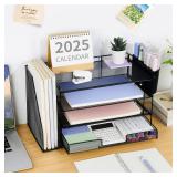 OPNICE Desk Organizer, 4-Tier Desktop File Organizer with Drawer and 2 Pen Holders, Office Desk Accessories, File Sorters, Workspace Organizers for Office Supplies(Black)