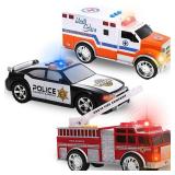 Liberty Imports 3-in-1 True Hero Emergency Rescue Vehicles Kids Toy Cars Playset - 2 Fire Trucks and Police Car with 3-Button LED Light and Sound Effects