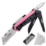 KAMBOLLY Pink Box Cutter Knife, Folding Utility Knife, 6 in 1 Razor Pocket Utility Knives Multitool with Clip, Screwdriver, Saw, Safe Lock, Work Knives, EDC Gadgets Gifts for Men Women