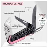 KAMBOLLY Pink Box Cutter Knife, Folding Utility Knife, 6 in 1 Razor Pocket Utility Knives Multitool with Clip, Screwdriver, Saw, Safe Lock, Work Knives, EDC Gadgets Gifts for Men Women