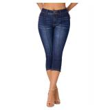 roswear Womens Capri Pants Trendy Mid Rise Skinny Stretchy Front Seam Denim Jeans Dark Blue Small