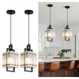 2 Pack Black Pendant Lights, Ripple Glass, Square Design for Kitchen 220550