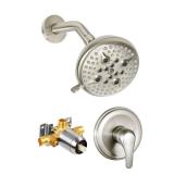 KINSE Shower Faucet Set, 5 Spray Rain Shower Fixtures, 5inchShower Head and HandleSet, Brushed Nickel shower kit with valve and shower head