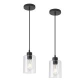 KLSS Modern Black Farmhouse Clear Glass Cylinder Pendant Light Fixture,Island Lights for Kitchen,Mini Pendant Lighting for Kitchen Island Decor - 4.75 Inch Shade 58 Inch Cord (Black 2 Pack)