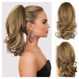 14 Inch Ponytail Extension - Wavy Pony Tails Hair Extensions, Claw Clip Ponytail Extension, Synthetic Hair Extensions Ponytail, Clip on Ponytails for Women (Light Brown With Beige Highlights)