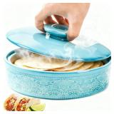 Noamus Ceramic Tortilla Warmer with Lid, 8.5 Inch Microwavable Pancake Holder, Aqua Taco Keeper Server Box, Food Storage Container for Mexican Party, Taco Tuesday Night, Dishwasher Oven Safe