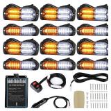 LINKITOM 12pcs Ultra Slim Sync Feature Surface Mount LED Emergency Beacon Hazard Warning Flashing Strobe Lights with Waterproof Controller and Long Heavy Cable for Car Truck Vehicle, Amber/White