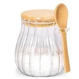 Quald 15oz Sugar Container with Bamboo Lid and Spoon,Sugar Bowl Glass Jar for Coffee Bar Accessories Coffee Canister Kitchen Decor (Medium)
