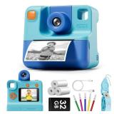 Kids Camera Instant Print, LETSHAHA Christmas Birthday Gifts for Toddler Girls Boys Age 3-12, 24MP & 1080P Selfie Digital Camera with 3 Roll No-Ink Print Paper 32GB SD Card - Blue