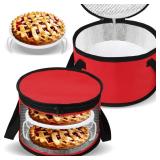 Yaomiao 2 Sets Round Pie Carrier 11 x 7 Inch with Dish Tray Plate Stacker Insulated Casserole Carrier with Lid and Handle Reusable Cooler Thermal Bags for Cold Food for Potluck Picnic (Red)