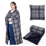 Forestfish Wearable Blanket Compact Pillow 2-in-1, Lap Blanket Poncho with Button Plaid Throw Cushion for Home Office Sofa