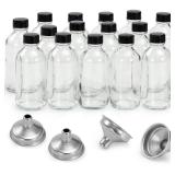 15 Pack, 4 oz Small Clear Glass Bottles with Lids & 4 Stainless Steel Funnels - 120ml Boston Sample Bottle for Potion, Juice, Wellness, Ginger Shots, Whiskey, Liquids - Mini Travel Essential Bottles
