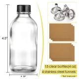 15 Pack, 4 oz Small Clear Glass Bottles with Lids & 4 Stainless Steel Funnels - 120ml Boston Sample Bottle for Potion, Juice, Wellness, Ginger Shots, Whiskey, Liquids - Mini Travel Essential Bottles