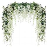 JUSTOYOU 3PCS 7FT 12 Stem Artificial Wisteria Vine Garland Fake Flower Wisteria Garlands for Outdoor Indoor Wedding Wall Badroom Decoration(White)