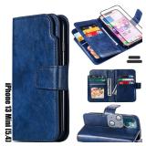 LMDAMZ for iPhone 13 Mini 5.4 Inch Wallet Case [3+ Card Slots] ID Business Card Credit Card Slot Carry Pouch with Stand Double Sided Multi-Card Slot Flip Folding PU Wallet Leather Case (Blue)