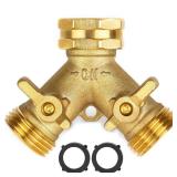 Garden Hose Splitter 2 Way Heavy Duty, Brass Faucet Adapter With Long Handle For Gardening Water Hose Shut Off Valve Hose Connector Fittings Outdoor Water Spigot Hose Bib Y Splitter