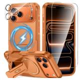IPhone 17 Pro Max Case [Compatible with MagSafe] [Invisible Kickstand] [HD Screen Protector] [Camera Lens Protector], Protective Magnetic Phone Cover for iPhone 17 Promax (Orange) 3 in 1