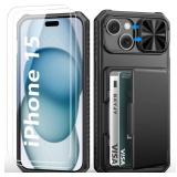 BXYJY for iphone 15, iphone 14, iphone 13 Wallet Case with Screen Protector (Tempered Glass), Card Holder (4-5 Cards), Slide Camera Cover, Military Grade Hard Men Women Case for iphone 15/14/13, Black