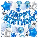 YWWSNSE Blue Birthday Decorations, 3D Foil Blue Happy Birthday Balloon Banner with Star Balloons, Confetti Balloons, Hanging Swirls, for Boys Girls Men Women Party Decorations