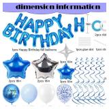 YWWSNSE Blue Birthday Decorations, 3D Foil Blue Happy Birthday Balloon Banner with Star Balloons, Confetti Balloons, Hanging Swirls, for Boys Girls Men Women Party Decorations