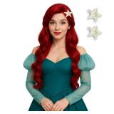 Red Mermaid Wigs for Women, Long Red Body Wave Wig+ Wig Cap for Little Mermaid Costume Halloween Cosplay