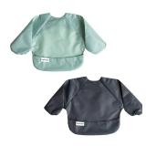 Tiny Twinkle Long Sleeve Bib for Babies & Toddlers | 2-Pack Waterproof Smock Bib for Eating | Machine Washable & Mess-Proof Feeding Essentials | Newborn Shower Gift (Sage Charcoal,6-24M)