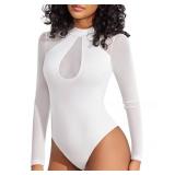 Avidlove Womens Long Sleeve Bodysuit Mock Neck Mesh Top Double Lined Shapewear Bodysuit Shirts Going Out Tops White Small