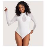 Avidlove Womens Long Sleeve Bodysuit Mock Neck Mesh Top Double Lined Shapewear Bodysuit Shirts Going Out Tops White Small