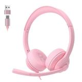USB-C/USB-A Wired Headset with Noise Cancelling Microphone | On-Ear Office Headphones for PC/Laptop | Mute Button & All-Day Comfort for Call Center, Video Conferencing, Remote Work,Online Class-Pink