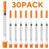 JIUPULL 30PACK U-100 Syringes, 30G 5/16\" (8mm) 1ml/cc Disposable Syringe, Individual Wrapped