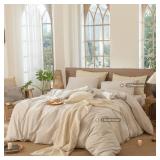 MooMee Striped Duvet Cover Set 100% Washed Cotton Linen Like Textured Breathable Durable Soft Comfy (Tannish Linen Grey White Pinstripes, King 104"x90")