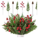 Teeanzo 60 Pcs Christmas Artificial Pine Branches Red Berry Stems and Pine Cones, Fake Foliage Greenery Pine Needles Picks for DIY Craft Garland Wreath Xmas Embellishing Home Garden Decor