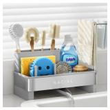 Nacial Sponge Holder for Kitchen Sink, Sink Caddy Organizer with High Brush Holder & Two Towel Racks - Rustproof 304 Stainless Steel Kitchen Countertop Storage Essentials - Gris