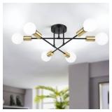 Modern Sputnik Chandelier, 6-Light Farmhouse Semi Flush Mount Ceiling Light Fixtures, Industrial Chandeliers for Dining Room Kitchen Bedroom Living Room Hall Foyer Entryway (Black and Gold) - E26 Base