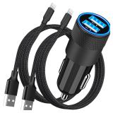Certified iPhone Car Charger Fast Charging, Rombica 4.8A Dual USB Smart Power Cigarette Lighter USB Car Charger with 2Pack Lightning Braided Cable for iPhone 14 13 12 11 Pro XS Mini XR X SE iPad