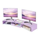 LEKETREE Dual Monitor Stand Riser with Drawer, Desk Organizer and Accessories, Metal Laptop Stand for Desk, Workspace Desktop Stand for Computer, Laptop, TV and More (Purple)