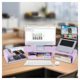 LEKETREE Dual Monitor Stand Riser with Drawer, Desk Organizer and Accessories, Metal Laptop Stand for Desk, Workspace Desktop Stand for Computer, Laptop, TV and More (Purple)