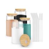 sungwoo Glass Cups with Lids and Straws, 4 Pack 16OZ Iced Coffee Cups with Silicone Sleeve, Glass Tumbler with Straw and Bamboo Lid, Home Essential Drinking Set for Juice, Cocktail and Latte 4 Colors