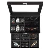 GLJ Jewelry Box for Men, 6 Slot Watch Box Jewelry Organizer With Drawer, Watch Case for Men with Large Window, 2-Layer Watch Holder, Sunglasses Storage Organizer, Velvet Lining, PU Leather, Gift Idea