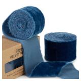 Keypan Blue Velvet Ribbon for Gift Wrapping - 1 1/2 inch Wide Handmade Fringe Fabric Ribbons for Christmas Decorations, Baby Shower, Flower Bouquet